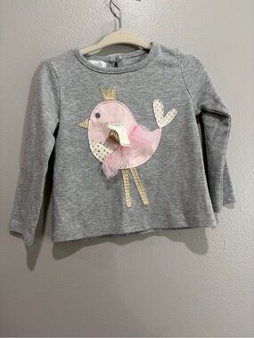 Mud Pie Gray Long Sleeve Top with Pink Bird and Gold Accents